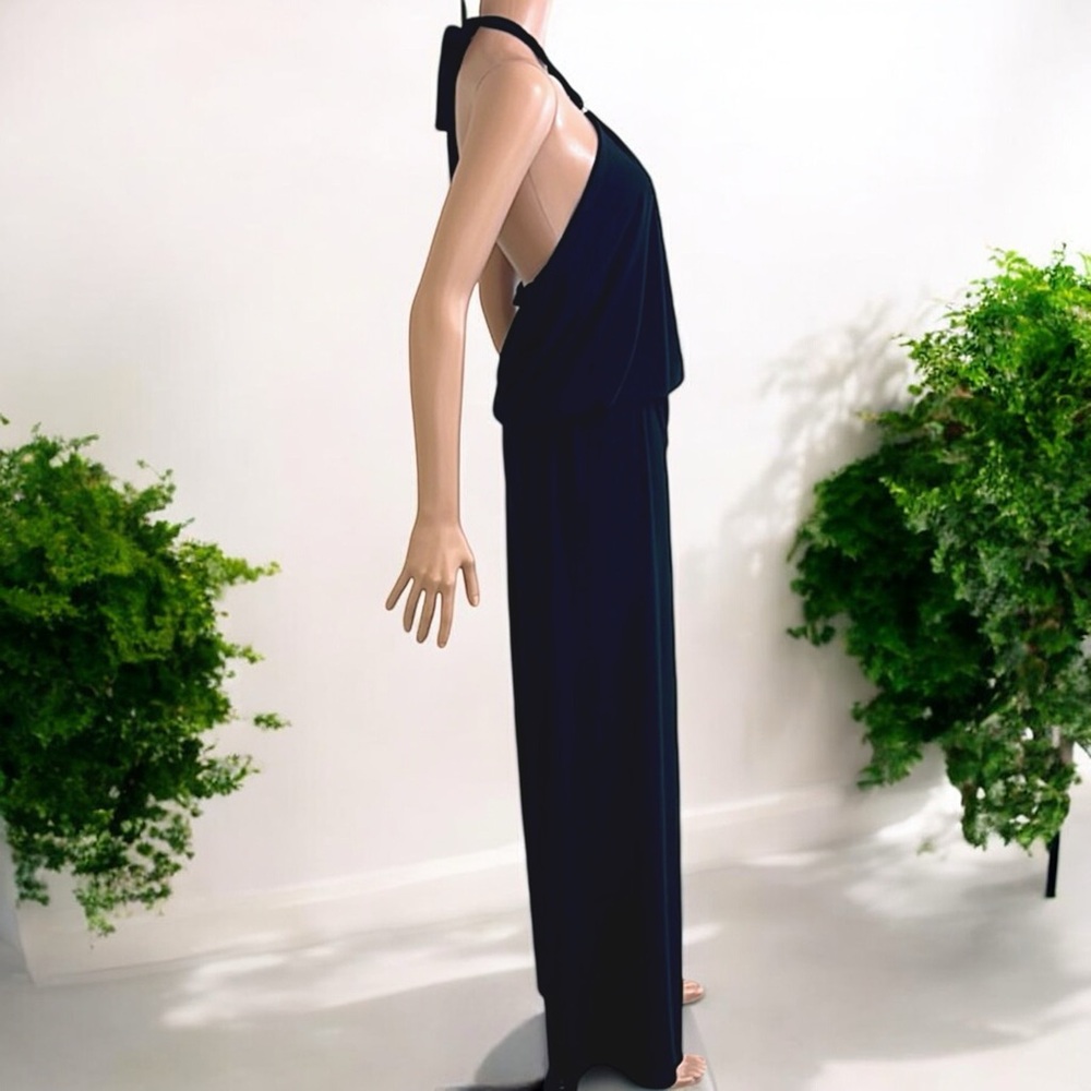 Black with Silver Ring Tie Neck Sleeveless Halter Wide Leg Jumpsuit - Picture 10 of 16